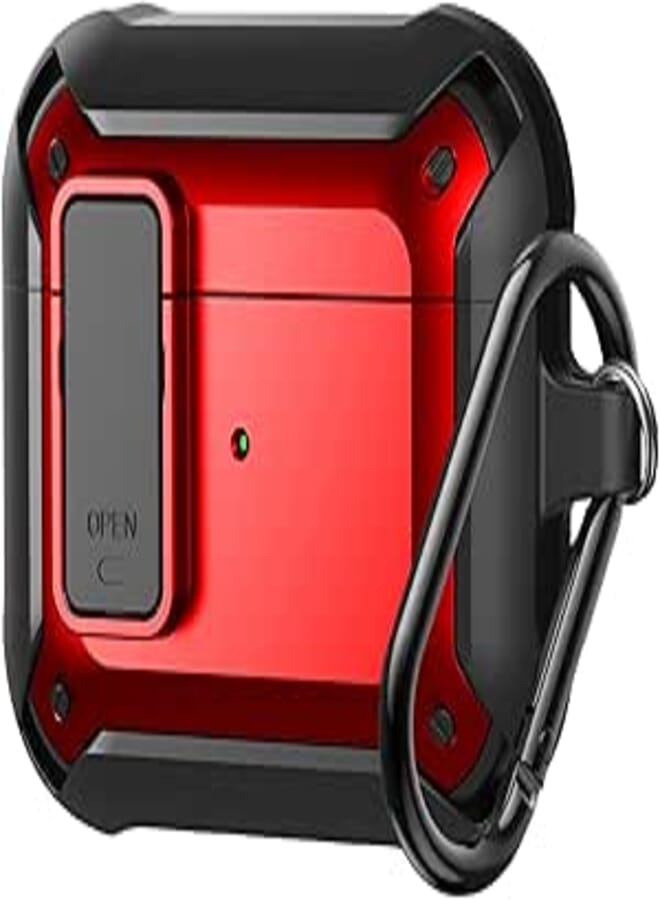 Olytop AirPods 3rd Generation Case With Lock Lid, Armor Full-Body Rugged Protective Shockproof Cover for Apple AirPods 3 With Carabiner - Black/Red